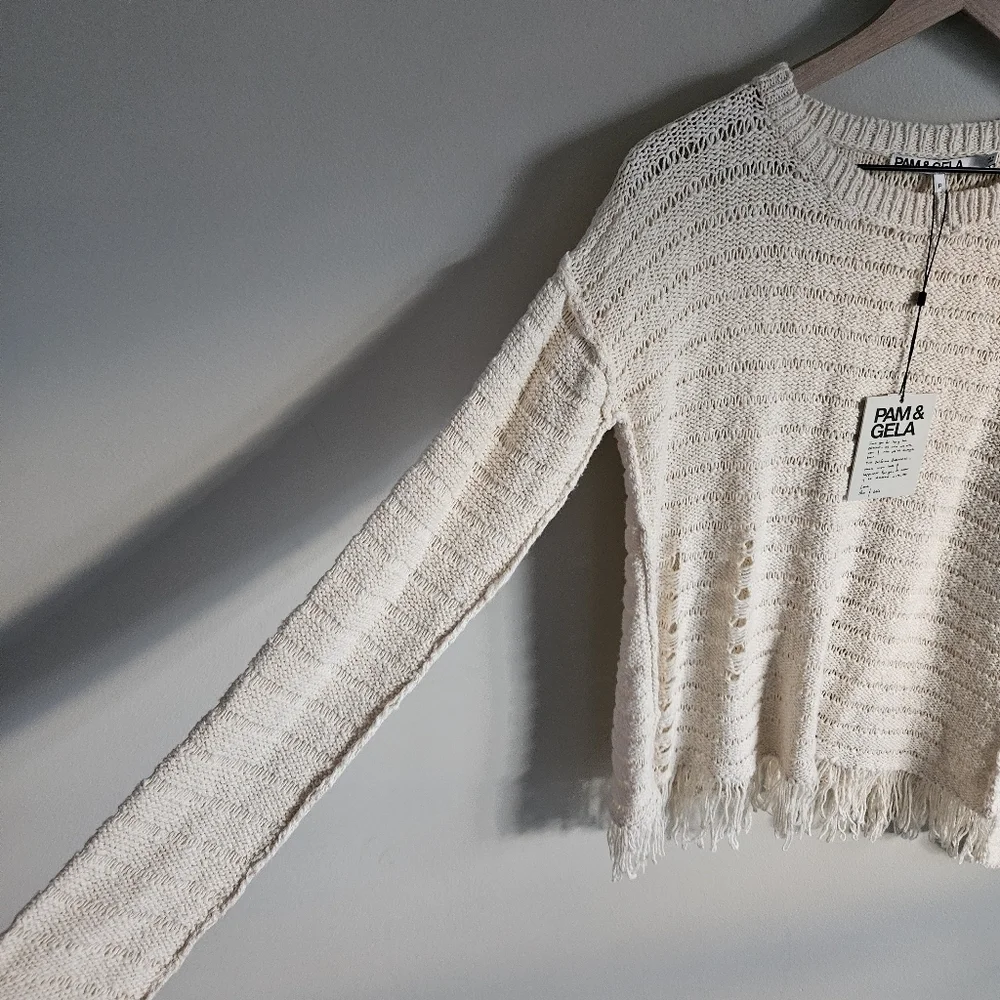 Pam & Gela Cream Fringe Open Back Sweater NWT